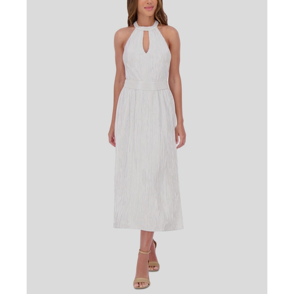 New $138 Kensie Metallic Pleated Keyhole-Cutout Maxi-Dress Womens Size 14 Silver